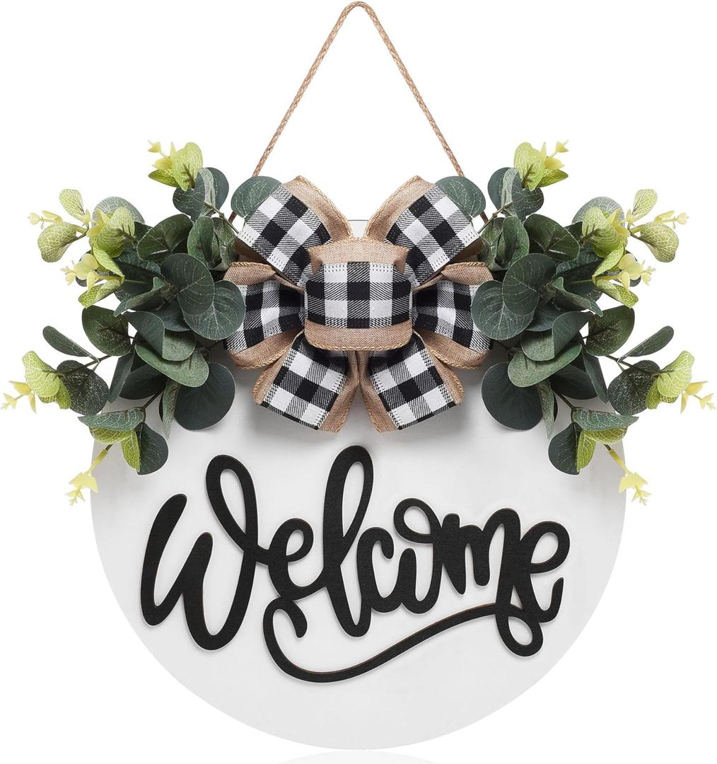 Welcome Sign for Front Door Porch Decor Farmhouse Wreath Wall Decor 30cm Round Wooden Hanging Housewarming Home Decor for Home Outdoor Indoor (White)