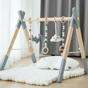 Wooden Baby Play Gym Foldable Gym Frame Activity Gym Hanging Bar with 5 Toys Natural for Newborn Baby (Foldable Grey) Wooden Baby Play Gym Foldable Gym Frame Activity Gym Hanging Bar with 5 Toys Natural for Newborn Baby (Foldable Grey)