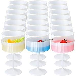 Jingmore 24 Pcs Ribbed Martini Glasses 10 oz Disposable Plastic Vintage Ribbed Coupe Glasses with Gold Rim Cocktail Unbreakable Dessert Parfait Glassware for Wedding Party Supplies (Pearl White)