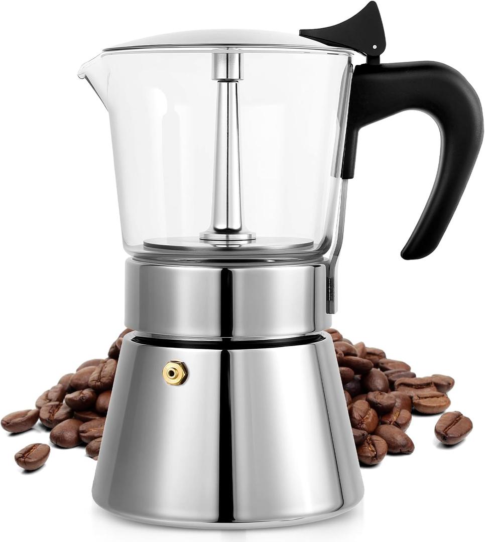 Suiitat Induction Moka Pot, 9 Cups (15.9 oz) Crystal Glass-Top & Stainless Steel Moka Pot, Classic Stovetop Espresso Maker, Silver