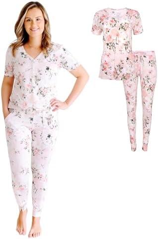 Posh Peanut Adult Pajamas Set - Two Piece Loungewear - Soft Viscose from Bamboo Nightwear PJs (Vintage Pink Rose, Womens - Large)