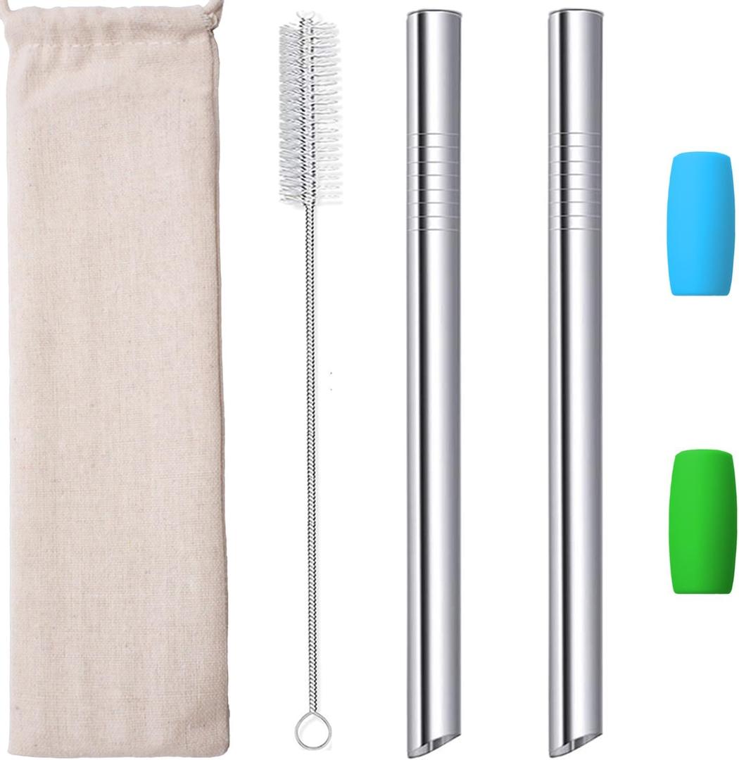 Metal Boba Straws Reusable Smoothies Straws 10" Stainless Steel Straw Angled Tips 0.5" 1/2 In Wide Straw for Jumbo Bubble Tea Milkshakes Milk Tea Tapioca Pearl With Silicone Tips Carry Bag Brush 2 Pcs