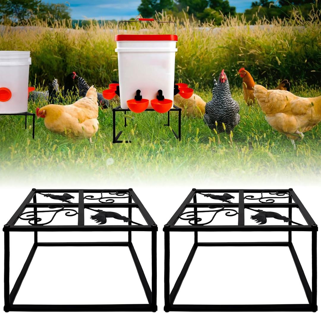 2Pcs Metal Stand for Chicken Feeder Waterer Heavy Duty Chicken Water Feeder Stand Holder with 4 Legs Iron Chicken Waterer Bucket Barrel Stand Rectangular Support Rack for Coop Poultry Indoor Outdoor (Black)