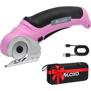 VLOXO Cordless Electric Scissors, Cardboard Cutter with Safety Lock 4.2V Electric Mini Cutter Power Rotary Scissors for Leather Felt Rug Box with Storage Box Pink