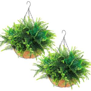 Hananona 2 Set Artificial Hanging Plants Outdoor Fake Hanging Ferns Planter, UV Resistant Faux Fern Plant Basket for Outdoors Patio Garden Home Decor (2, Green)
