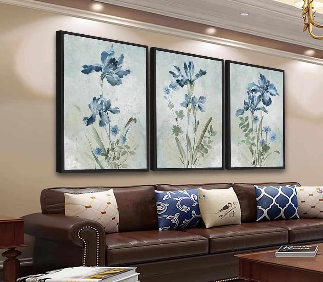 ASDCEUTICALS Large Canvas Wall Art - Blue Iris Floral Paintings Vintage Botanical Wall Decor Blossoms Flower Pictures for Living Room Bedroom Office Bathroom Framed Artwork 16" X 24" X 3 Panels (Green)