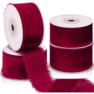 Preboun 4 Rolls Christmas Velvet Ribbon for Gift Wrapping 24 Yards Total Frayed Edge Velvet Silk Ribbon for Christmas Wedding Baby Shower DIY Crafts Decor(Burgundy,1.5 Inch)