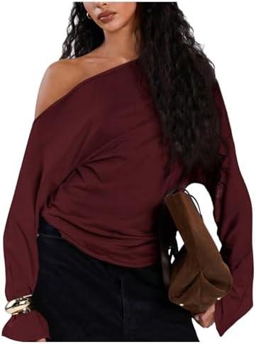 MakeMeChic Women's Off The Shoulder Sweatshirt Asymmetrical Tops Y2k Long Sleeve T Shirt Going Out Tops (S, Rose Red)