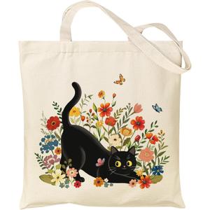 Nuberlic Canvas Tote Bag for Women with Zipper Inner Pocket- Reusable Grocery Shopping Cloth Cotton Canvas Tote Bags (Cat)