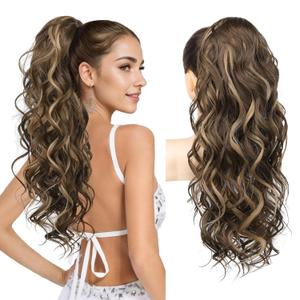 REECHO 24" Ponytail Extension Long Curly Claw Clip Ponytail Extension Jaw Clip in Pony Tails Natural Synthetic Hairpiece for Women Daily, Chocolate Brown with Highlights