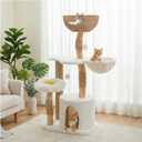 PETEPELA Modern Cat Tree Tower for Indoor Large Cats w/Removable Flower Perch, Real Solid Wood Cat Scratching Posts, Boho Ratten Cat Furniture w/Cozy Condo & Wicker Basket Bed, White