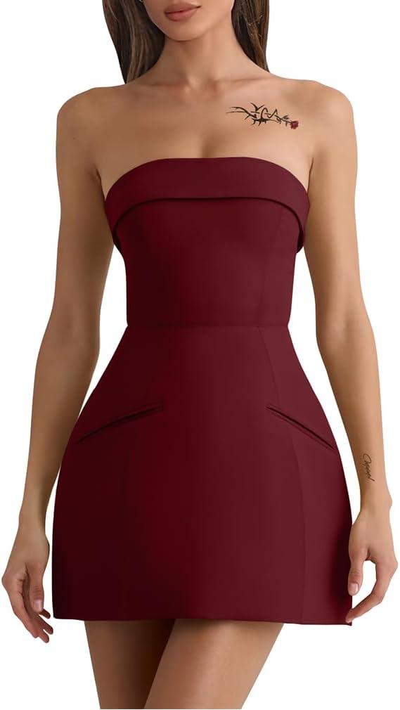 XXTAXN Women's Summer Sexy Sleeveless Tube Formal Party A-line Tulip Back Zipper Mini Dress (Winered) S