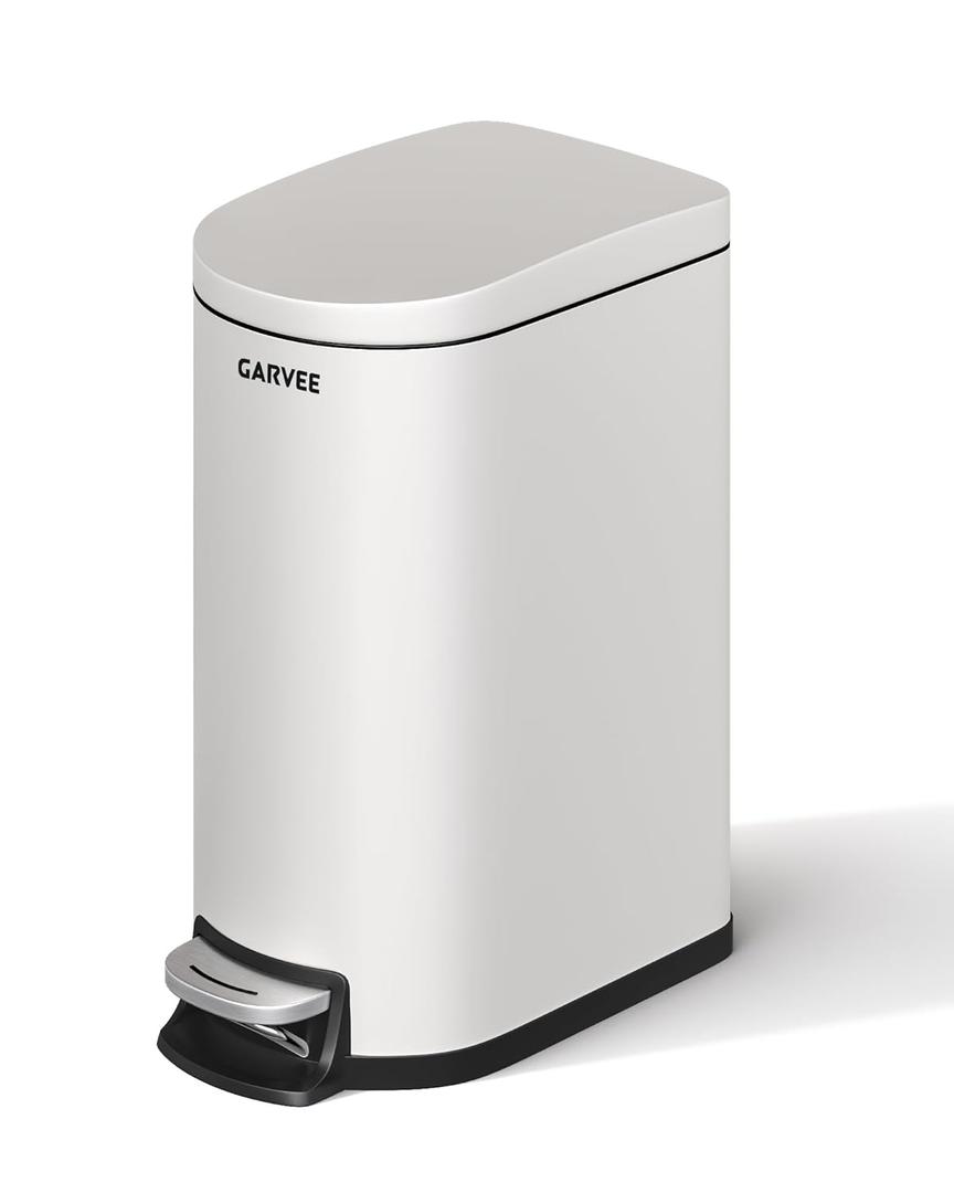 Garvee 2.6 Gallon / 10L Metal Bathroom Trash Can with Lid, Slim Step-On Bin with Soft-Close, Removable Inner Bucket & Rear Handle, Waterproof, White