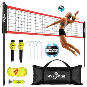 32 FT Volleyball Net Set for Backyard & Beach | Includes volleyball, pump, boundary lines, guide ropes, stakes and carry bag; 8, 7.8 and 7.4 FT settings for outdoor play