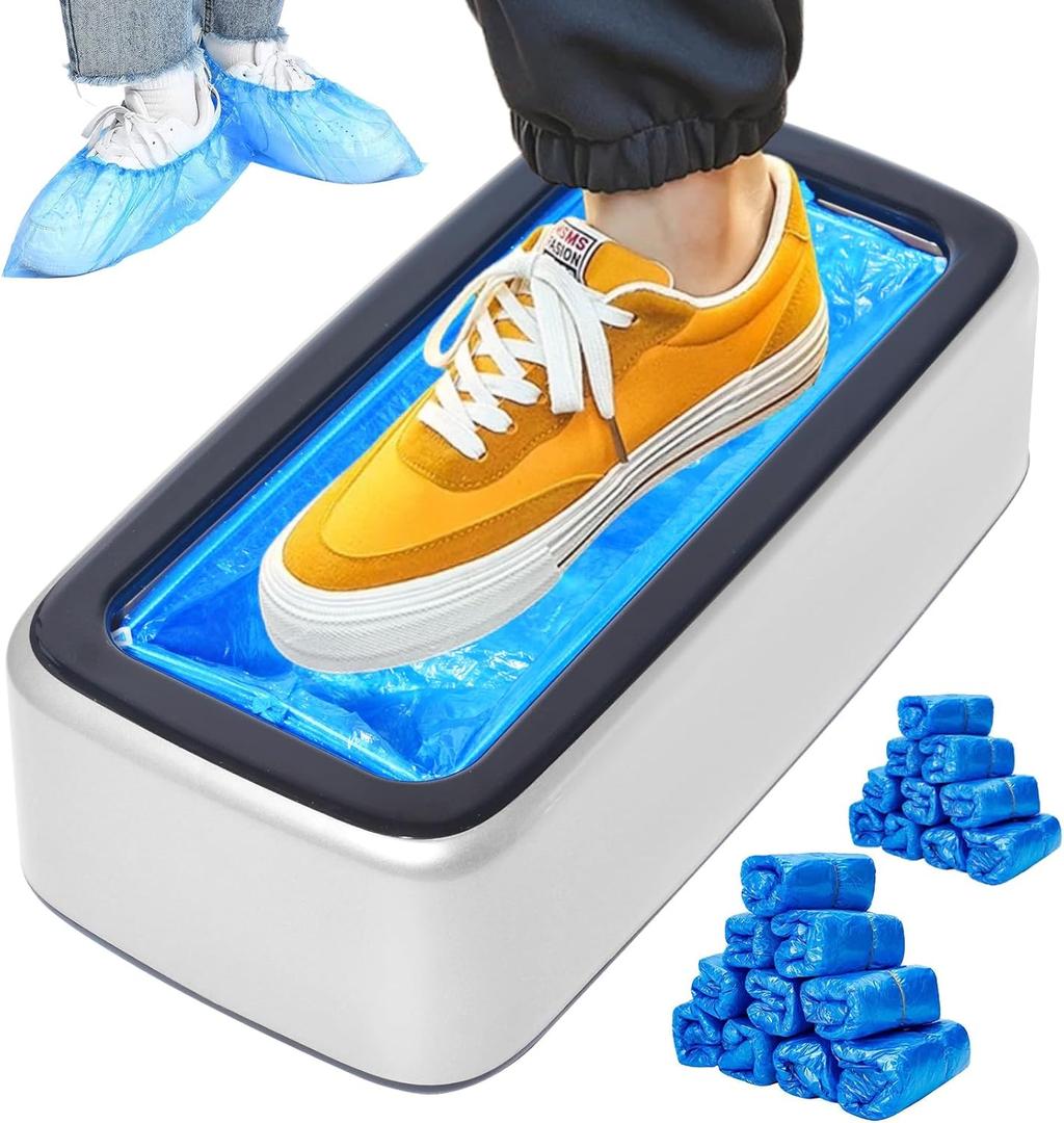 Automatic Shoe Cover Dispenser Machine with 100pcs Disposable Shoe Covers - Portable for Home, Office, Factory, Supermarket, Fits Most Shoe Sizes (Silver-Black Cover)