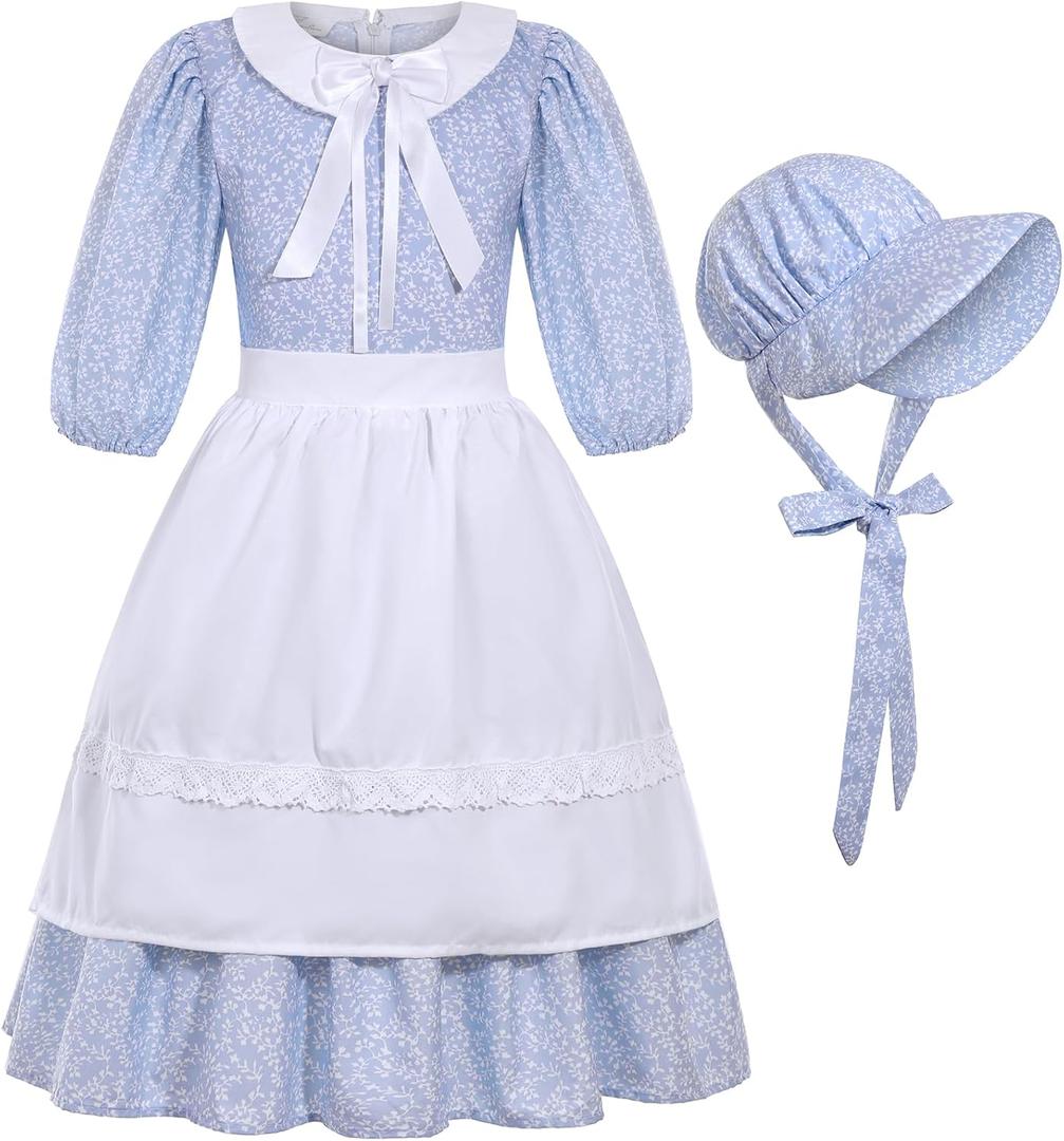 SIZGAROOT Colonial Costume Girls Pioneer Girl Dress Prairie Costume with Bonnet (9-10 Years)