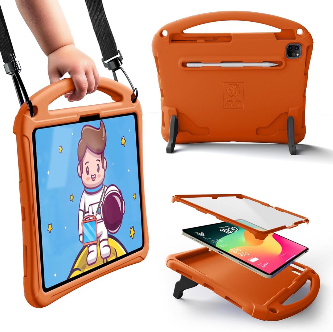 Bam Bino Space Suit Kids Case for iPad Pro 12.9" 3rd/4th/5th/6th Generation (2018-2022) Models [Not for iPad Pro 12.9 1st/2nd Gen] Screen Guard, Handle, Shoulder Strap, Pencil Holder (Solar Tangerine)
