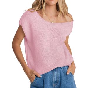 Balimtoy Women Off One Shoulder Crochet Sweater Top Asymmetrical Short Sleeve Loose Going Out Tops Casual Knit Tshirt (Large, Pink)