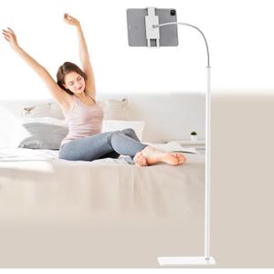 Tablet Floor Stand Holder with Flexible Gooseneck and Stable Base, Compatible with Tablet and Cell Phones (3.5''-9.7''), White
