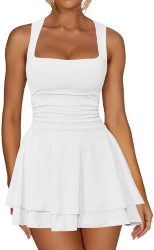 Kaximil Women's Square Neck Ruffle Hem Mini Dress Ruched Waist Short Party Dresses
, M