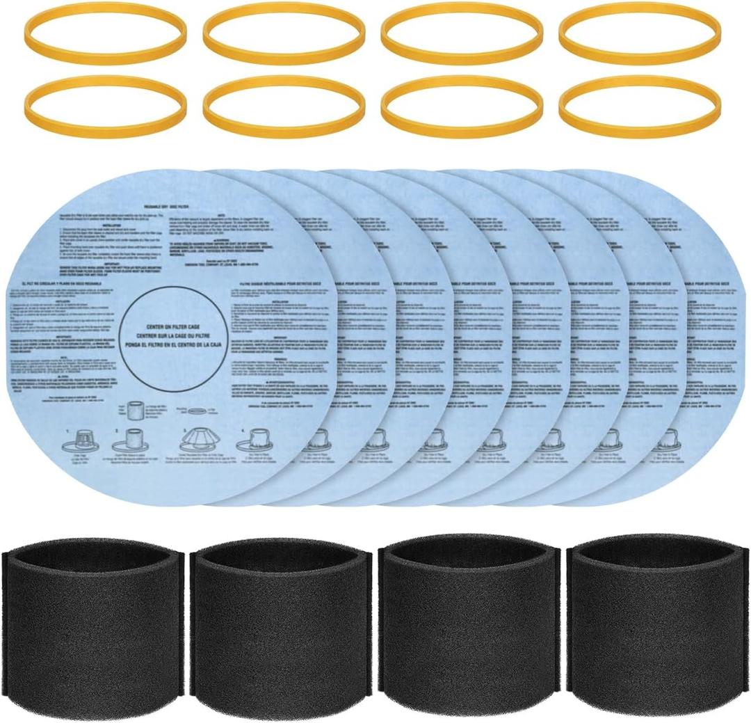 20-Piece 90107 Paper Disc Filter and 90585 Foam Sleeve Filter Kit Compatible with Shop-Vac VacMaster Genie 5-Gallon+ Wet/Dry Vacuums includes 8 Paper Disc Filters 8 Retaining Bands and 4 Foam Sleeves
