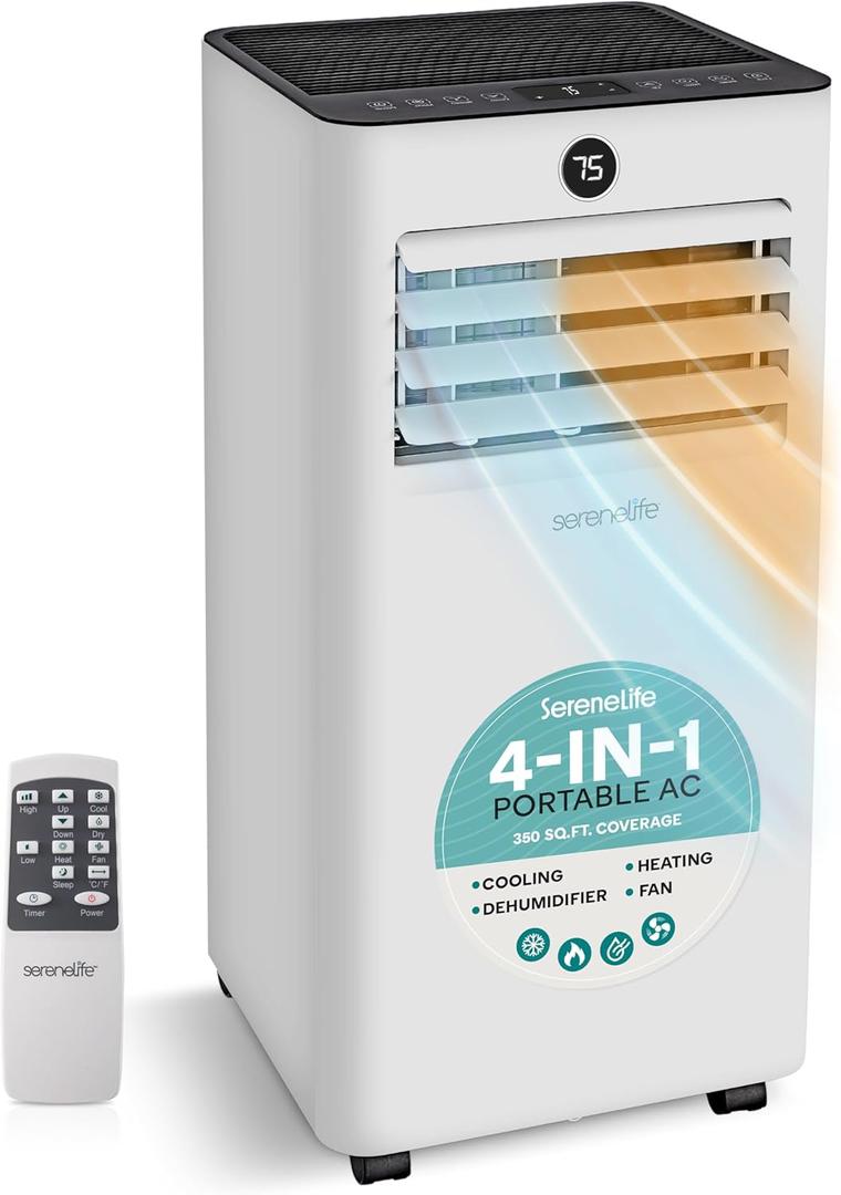 SereneLife 10,000 BTU Portable Air Conditioner and Heater, Small AC with Dehumidifier and Fan, Mini AC Unit with 450 Sq. Ft. Coverage, Includes Remote Control and Window Mount Kit (White)