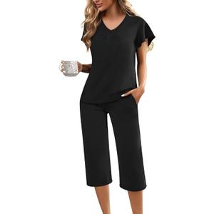 Ekouaer Womens Pajama Sets Ruffle Short Sleeve Sleepwear Top and Capri Pants Pjs Set Comfy 2 Piece Lounge Set S-XXL (Black, S)