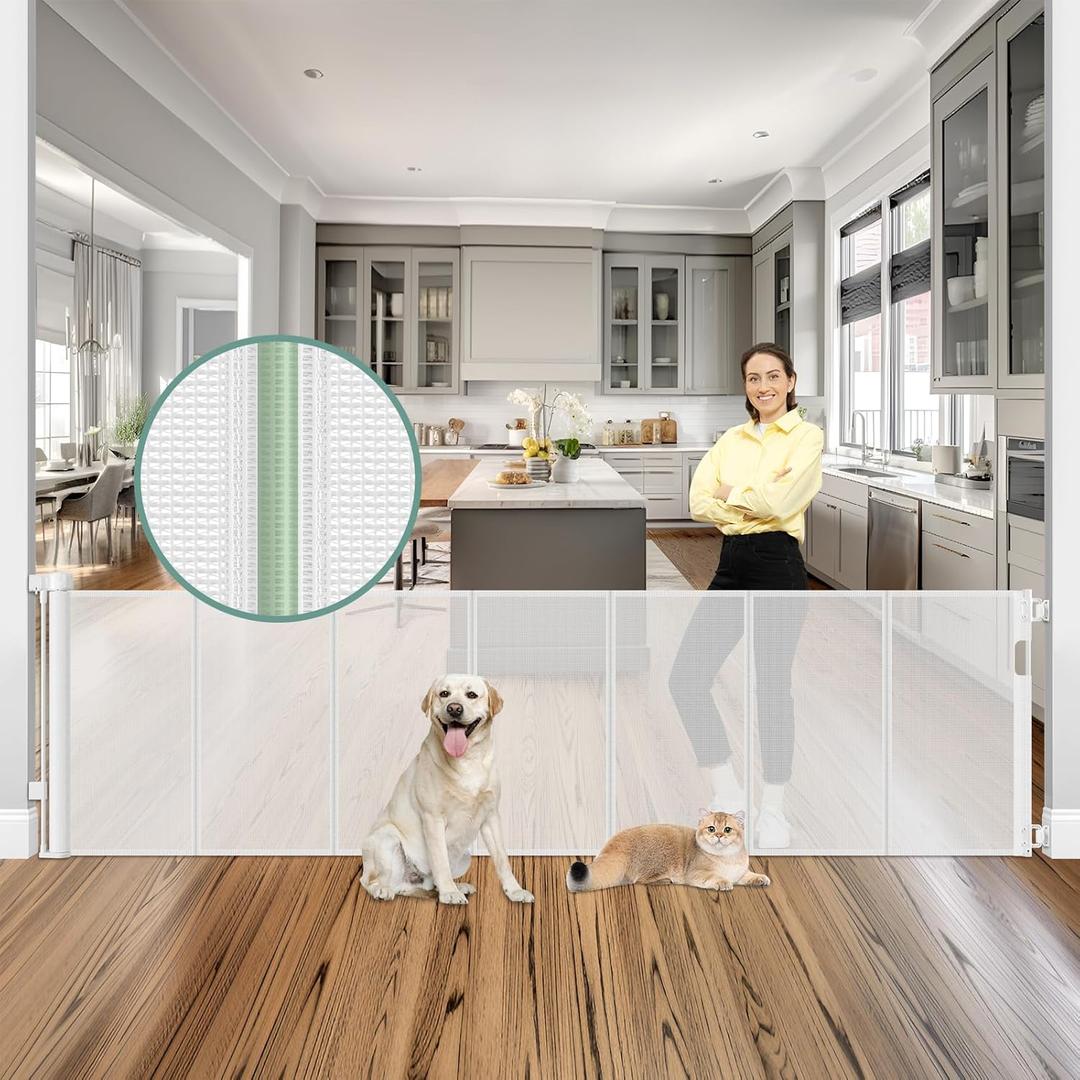 Reinforced 200 Inch Retractable Baby Gates Extra Wide Baby Gate Long Gate for Dogs No Sag, No Wrinkle Mesh Gates for Kids or Pets with Reinforced Strips Prevent Kids/Pets from Crawling Through, White