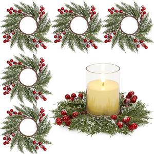 6 Pcs Christmas Candle Rings, 3.7 Inch Center Xmas Artificial Candle Rings Wreath Cedar Berries Snowy Pine Needles, Candles Rings Holder for Table Centerpiece Winter Home Party Kitchen Window