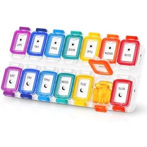 Fullicon Moisture Proof Pill Organizer 1 Times a Day, Large Pill Box 7 Day, Spill Proof Pill Case, Travel Pill Container, Medicine Pill Organizer with Secure Lids, Daily Pill Organizer, Rainbow Clear 