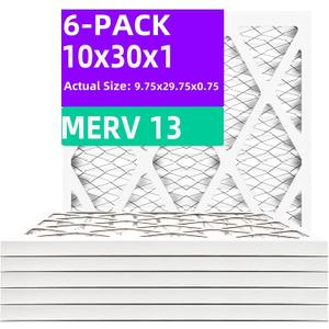 MERV 13 (6-Pack) 10x30x1 Air Filter (Actual Size: 9.75x29.75x0.75") MPR 1900 & FPR 10, Furnace Air Filters