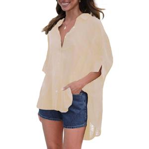 Fashionme Oversized Button Down Shirts for Women 3/4 Sleeve Flowy Ladies Tops Blouses High Low with Slits (Small, Khaki)