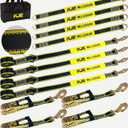KJE Heavy Duty Car Trailer Tie Down Straps with Reflective - (4) 2" x 10' Ratchet Straps with Snap Hooks, (4) Axle Straps 2" x 36'' - 10,000lbs Break Strength - Use for Car, Truck, UTV Transport