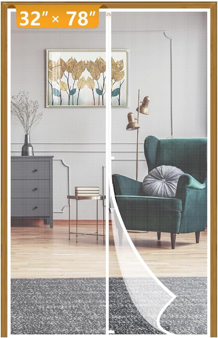 Yotache White Magnetic Screen Door Fit Doors 32 x 78, Screen Size 34" x 79" Upgraded Anti-Tearing Polyester Mesh French Door Screens with Magnets (White & Middle Opening)