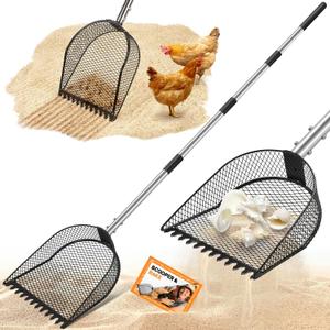 Metal Chicken Poop Scooper and Rake 2-in-1, Poop Chicken Scoop Sand with Stainless Steel Handle (43-73" Adjustable), Sifter Shovel Chicken Coop Sand Rake for Chicken Coops & Farm Animals