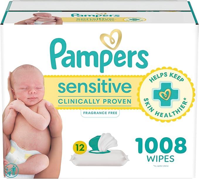 Pampers Baby Wipes, Sensitive, Water Based Wipe, Clinically Proven, Hypoallergenic, and Unscented for Babies, 1008 Wipes Total (12 Flip-Top Packs) [Packaging May Vary]