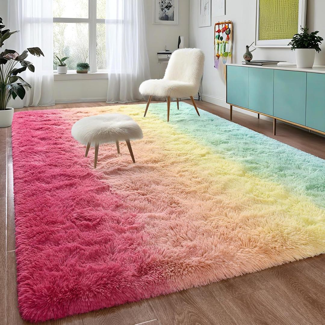 DweIke Luxury Fluffy Kids Rugs for Living Room Bedroom, 6x9 Large Shaggy Rainbow Pink Area Rug for Girls Boys, Upgrade Plush Non-Slip and Washable Colorful Fuzzy Carpet for Dorm Nursery Decor