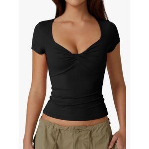 QINSEN Women's Sexy Twist Front V Neck T Shirts Double Lined Short Sleeve Slim Fit Crop Top Trendy Y2K Tops Tee, Size M