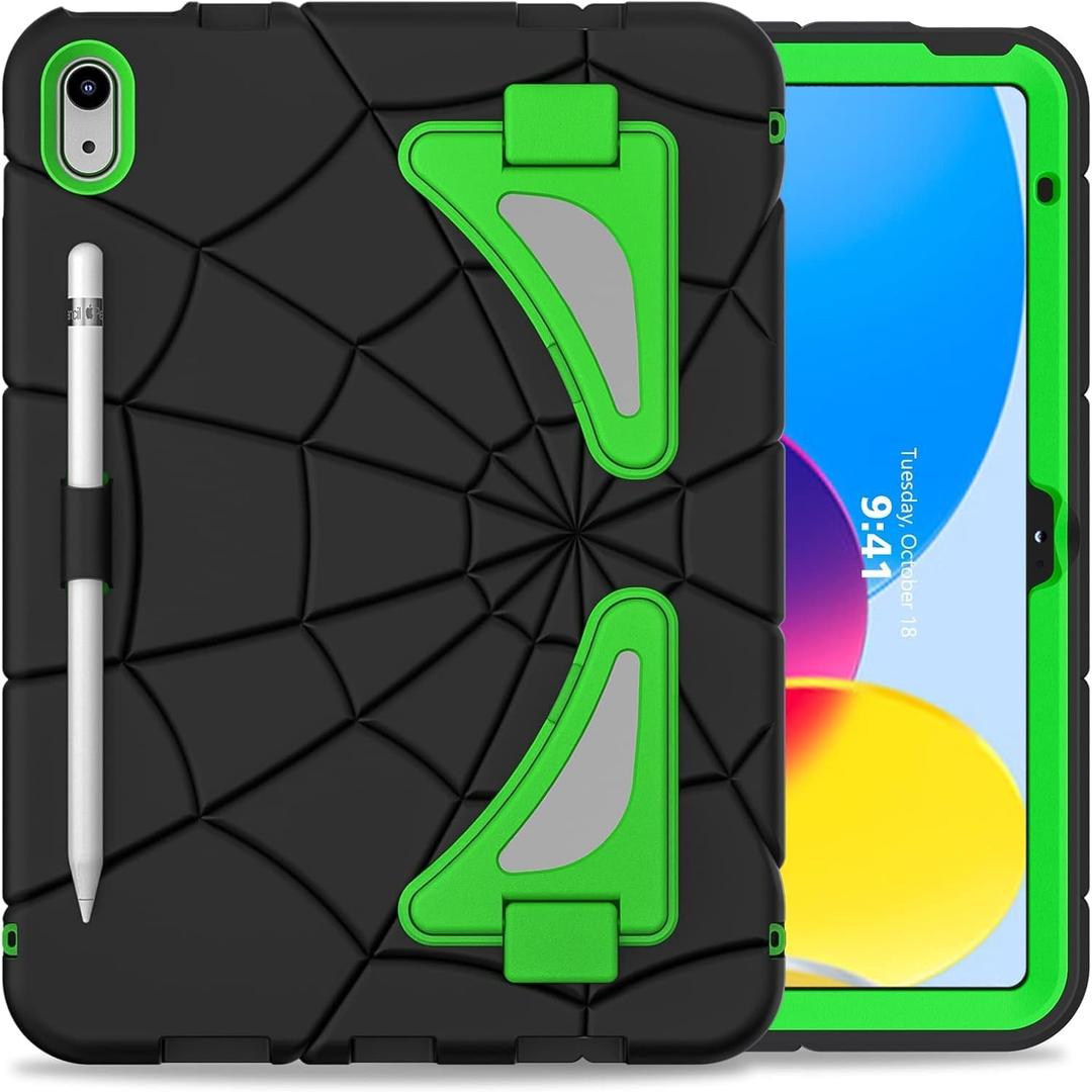 Kids Case for iPad (A16) 11th Generation 11 Inch 2025/ iPad 10th Generation 10.9 Inch 2022, with Pencil Holder/Kickstand Heavy Duty Protection Rugged Shockproof Hybrid Cover, Black+Green