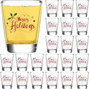 Tioncy 24 Pcs Christmas Shot Glasses 2 oz Clear Shot Glass Happy Holiday Print Cocktail Glasses Funny Cool Mini Whiskey Shot Glass Cups for Christmas Table Decoration Present Drinking Supply(Lovely)
