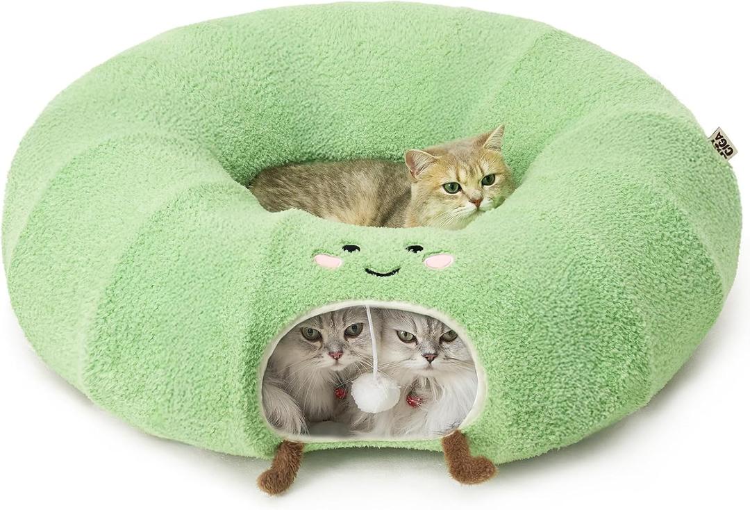 EHEYCIGA Cat Tunnel Bed for Indoor Cats, Cute Cat Donut Toy Tunnel for Small Large Cats with Washable Circle Cushion, Peekaboo Pet Cave Play Tunnel for Kitten, Puppy, Rabbit (Green)