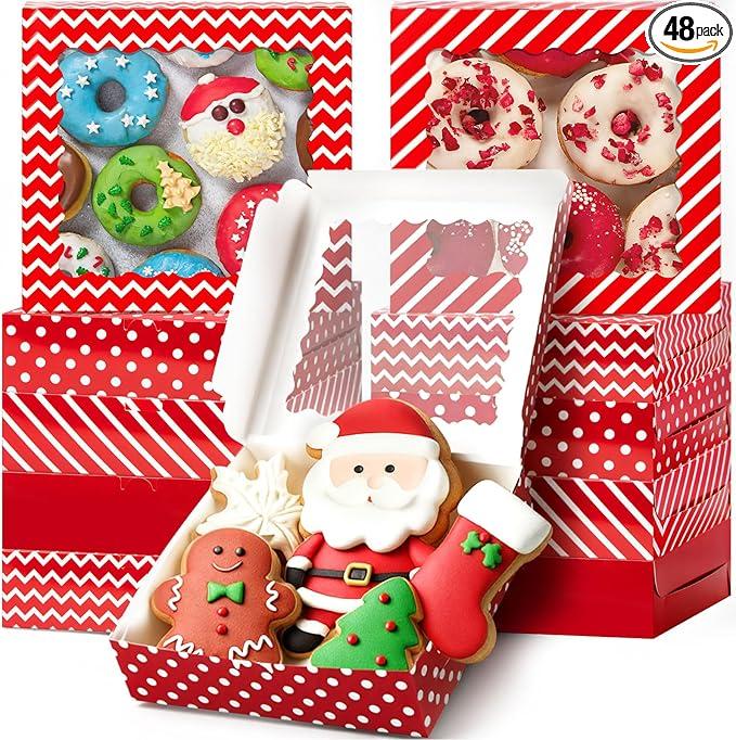 FoldTier 48 Pcs Christmas Cookie Boxes with Window Bulk for Gift Giving 9 x 9 x 2.5 Inch Red and White Bakery Gift Boxes with Polka Dot Stripes Wave Patterns for Christmas Party Favors