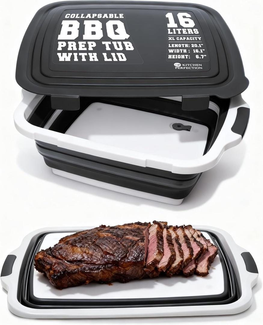 KITCHEN PERFECTION Collapsible XL Smoker & BBQ Prep Tub with Locking Lid & Cutting Board - Grill Caddy Container for Meat Marinating & Brine Perfect For Brisket, Turkey & Ribs - Best Gift For Men
