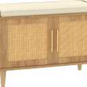 Akxomel Rattan Shoe Storage Bench with Cushion, 2-Tier Entryway Bench with Adjustable Shelves and 2 Doors, 15" D x 31.5" W x 20" H, Solid Wood Legs, for Hallway, Living Room, Bedroom, Natural Oak