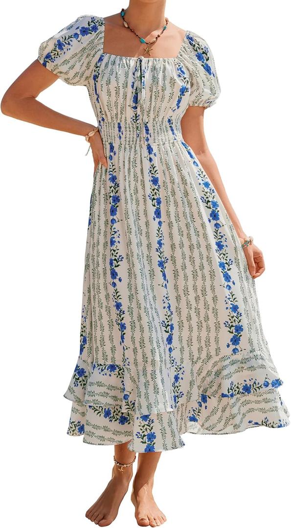Kate Kasin Womens Summer Boho Floral Maxi Dress 2026 Square Neck Puff Sleeve Smocked Flowy A Line Beach Wedding Guest Dresses Medium