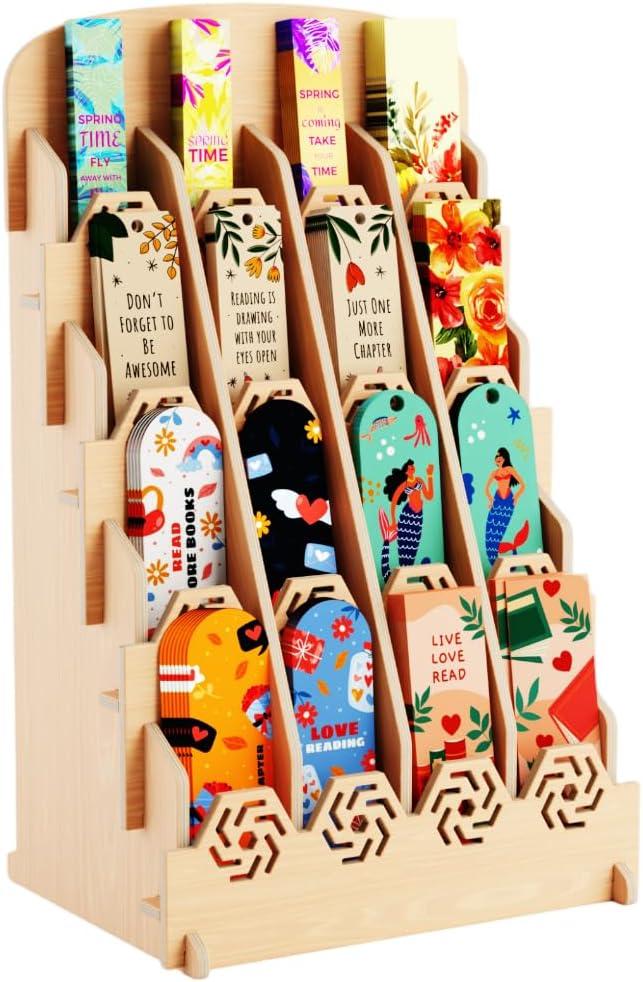 Bookmark Display Stand for Vendors  Wooden Bookmark Holder Display with Customizable Space, Mobile-Friendly Design  Versatile Holder for Craft Fairs, Vendor Booths, and Shops, 16 Pocket