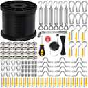 246FT Black Vinyl Coated 304 Stainless Steel Wire Rope Cable Kit – Heavy Duty Outdoor String Light Hanging Guide Wire with M5 Turnbuckle for Patio, Garden, Christmas Lights