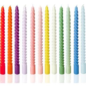 Colored Taper Candles Spiral Candle Sticks for Religious and Spiritual Settings,Unscented Pastel Candle for Holiday,Home Decoration,10inch,12 Pack(E,12colored)