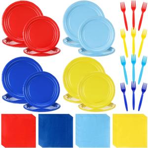 Baderke 96 Pcs Blue Red Yellow Paw Party Paper Plates and Napkins Party Supplies Tableware Set Colorful Themed Celebration Favors for Birthday