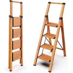 WOA WOA 4 Step Ladder, Ladders for Home, Anti-Slip Pedals, Aluminum Step Stool Foldable, Lightweight to Move, Ease of Storage, Reach 9ft for Closet Kitchen Library, Hold 300lbs - Wood Grain